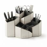 Multi-Compartment Hexagonal Desk Organizer Stationery Caddy Beige Charcoal Storage Holder Set