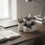 Multi-Compartment Hexagonal Desk Organizer Stationery Caddy Beige Charcoal Storage Holder Set - Image 2