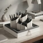 Multi-Compartment Hexagonal Desk Organizer Stationery Caddy Beige Charcoal Storage Holder Set - Image 3